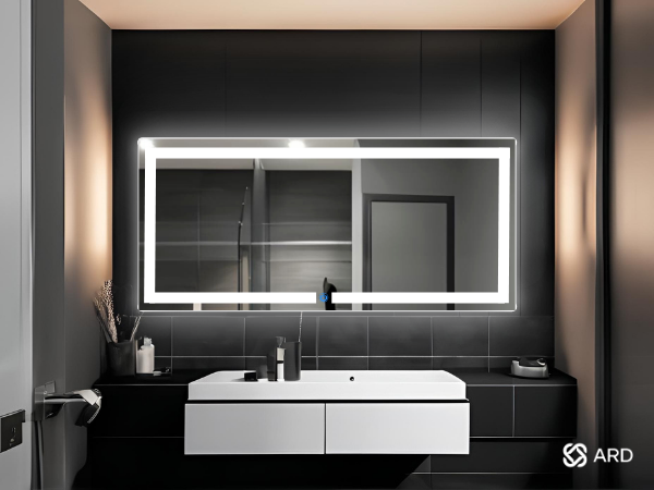 Espejo touch led ARD Glanz Liminous Glass 52 x 120 en baño con mosaicos negros elegantes