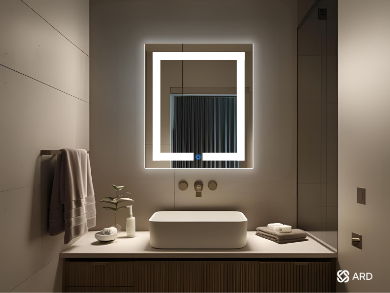 espejo con luz led rectangular ARD medidas 60 x 52 Glanz luminous glass en baño minimalista con luz fria