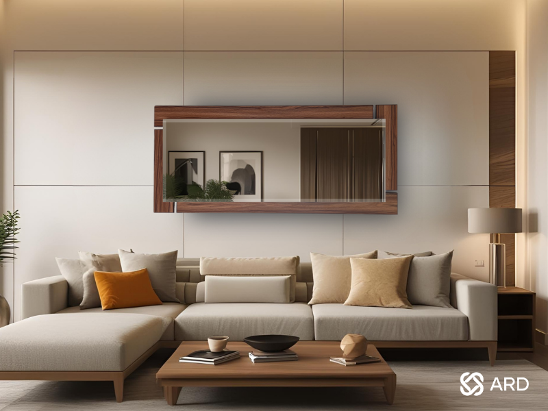 espejo de madera decorativo de pared ARD Glanz Oak Grand  en sala de lujo moderna