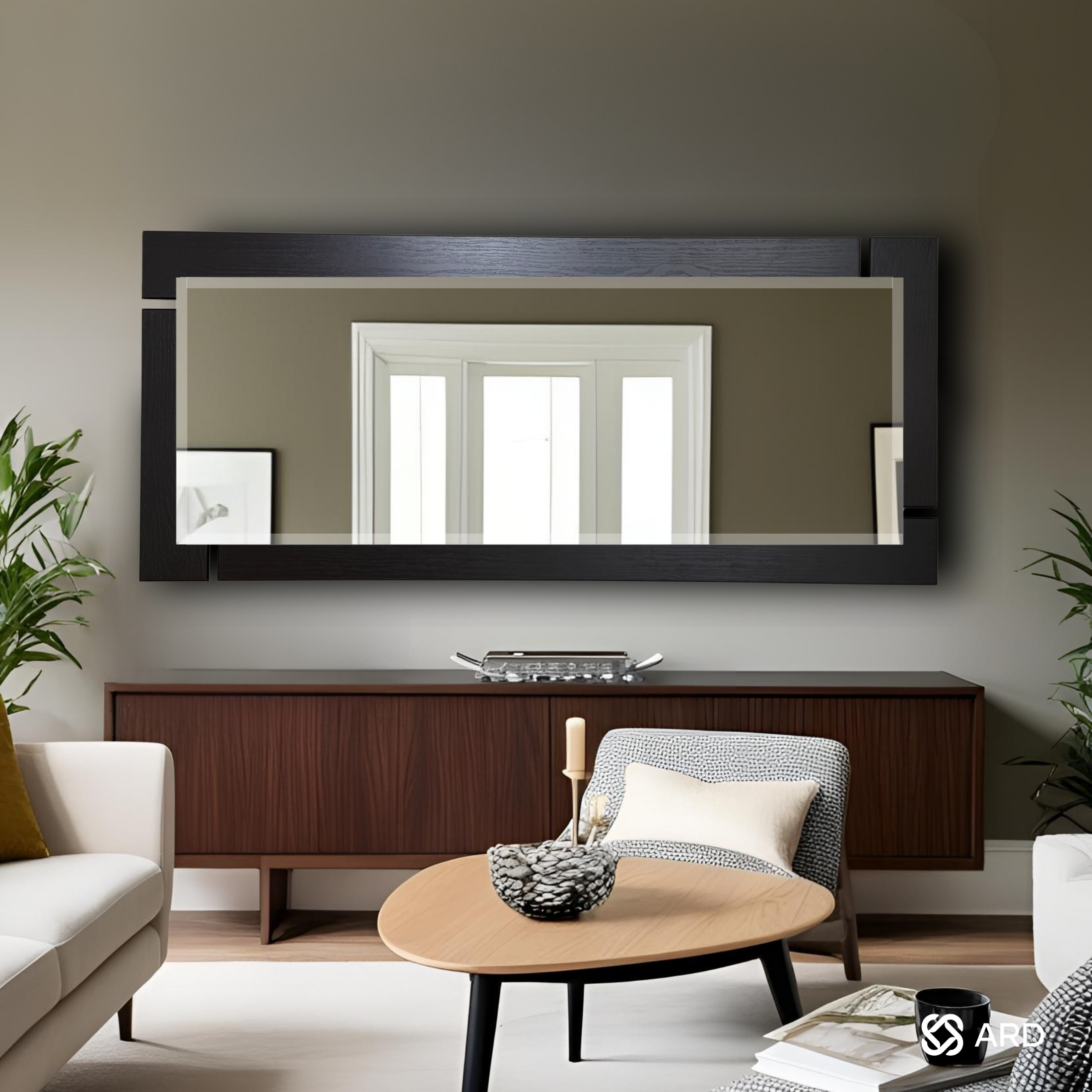 espejo de madera negra para pared decorativo ARD Glanz Blackwood 138 x 55 en sala de lujo moderna 