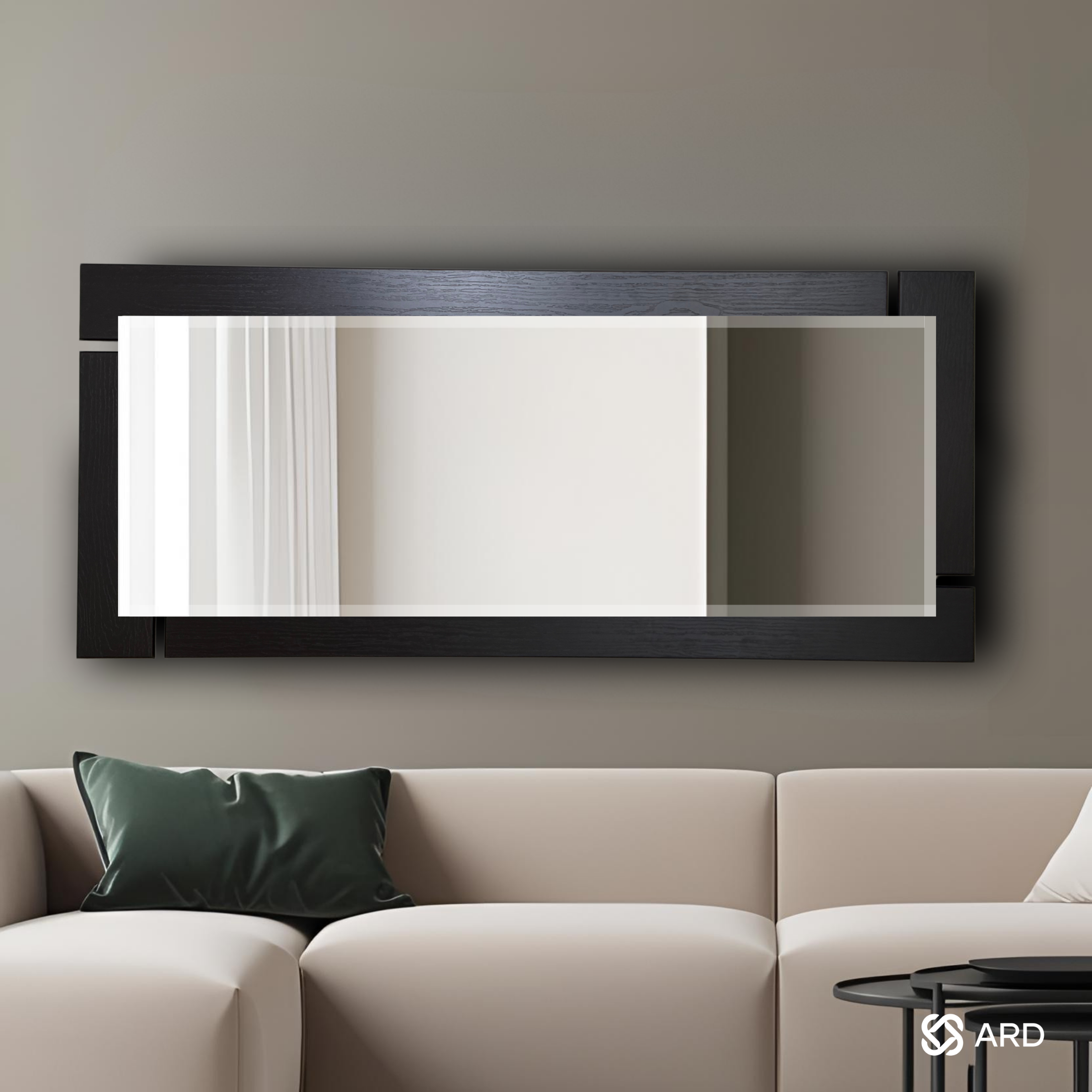 espejo decorativo de pared ARD blackwood 138x 55 en sala minimalista