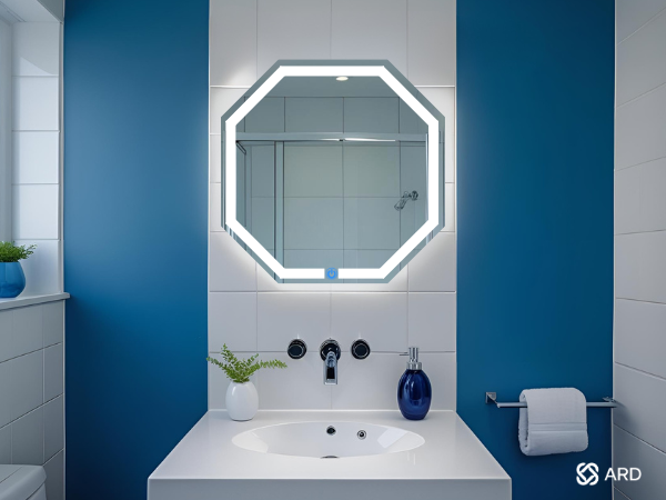 espejo led para baño con encendido touch ARD octagonal medidas 60 x  60 cm en baño con decoracion azul moderna