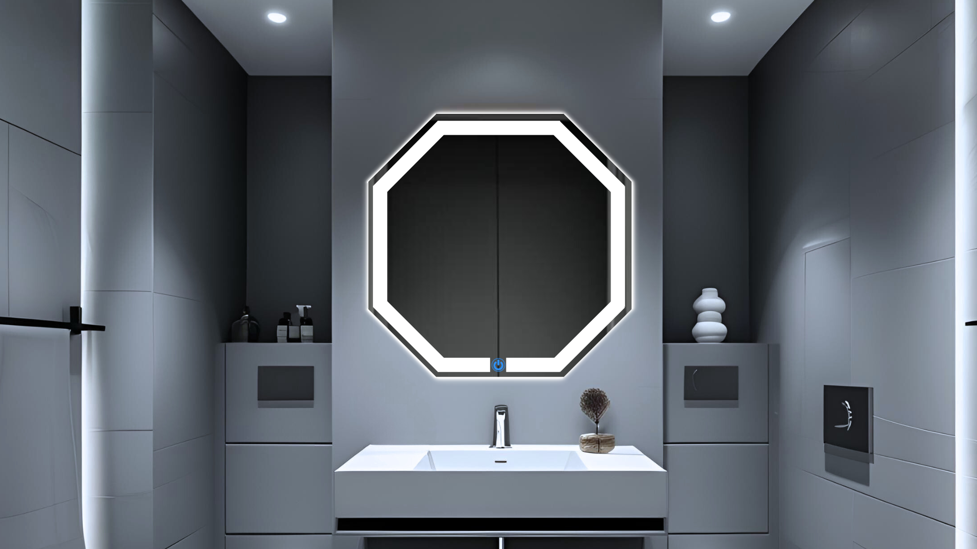 espejo led touch para baño octagonal ARD Glanz Octaglow en baño de hotel de lujo luz fria