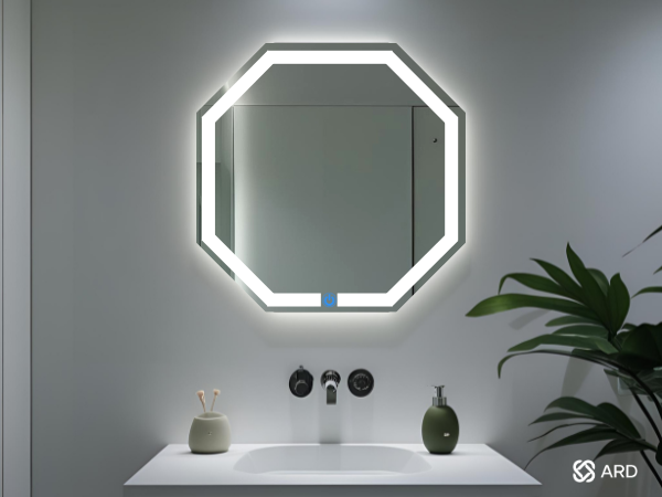 espejo octagonal para baño con luz led ARD medidas 60 x 60 en baño minimalista