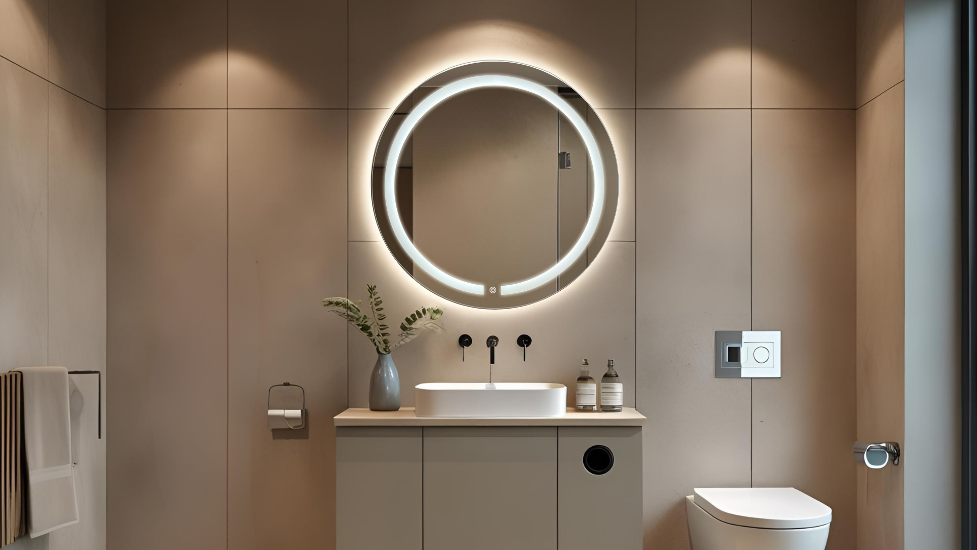 espejo redondo para baño con luz led ARD 60 cm diametro en baño minimalista