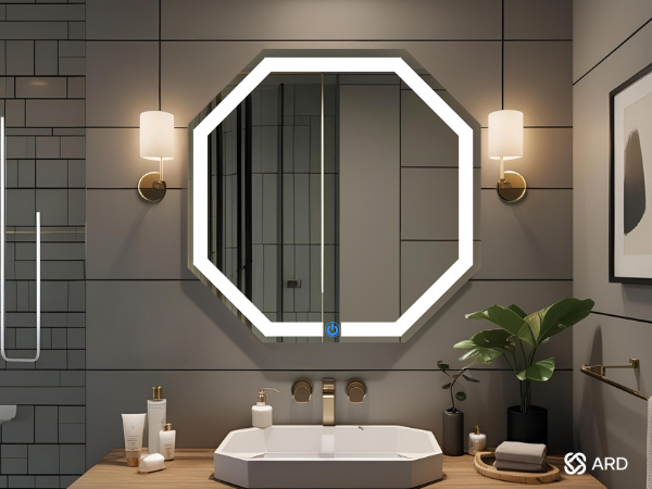 espejo touch led ARD octagonal para baño medias 60 x 60 cm en baño moderno de hotel
