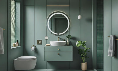 video espejo led touch para baño ARD redondo 60 cm en baño de lujo con decoracion en tonos verdes