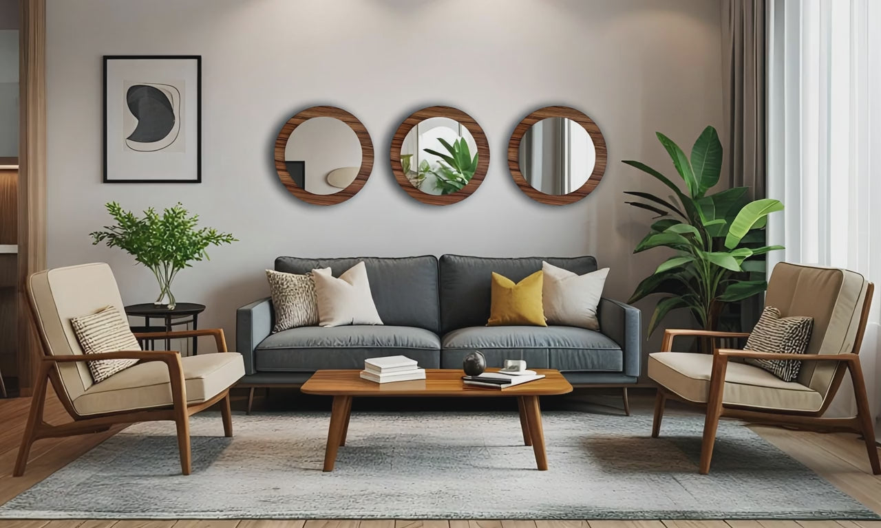 Set de 3 espejos decorativos de pared redondos ARD Glanz Oak en sala estilo nordico